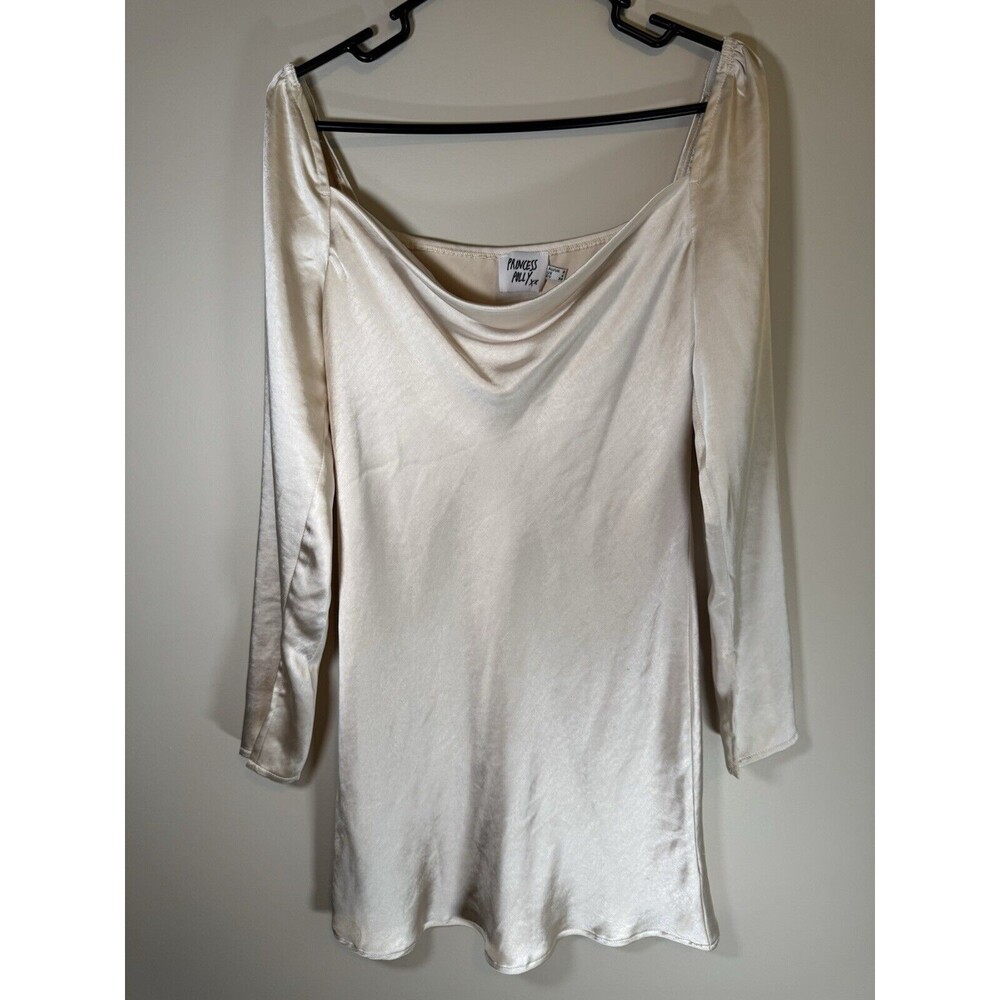 Princess Polly Off White/Light Cream Satin Long Sleeve Cocktail Dress Short